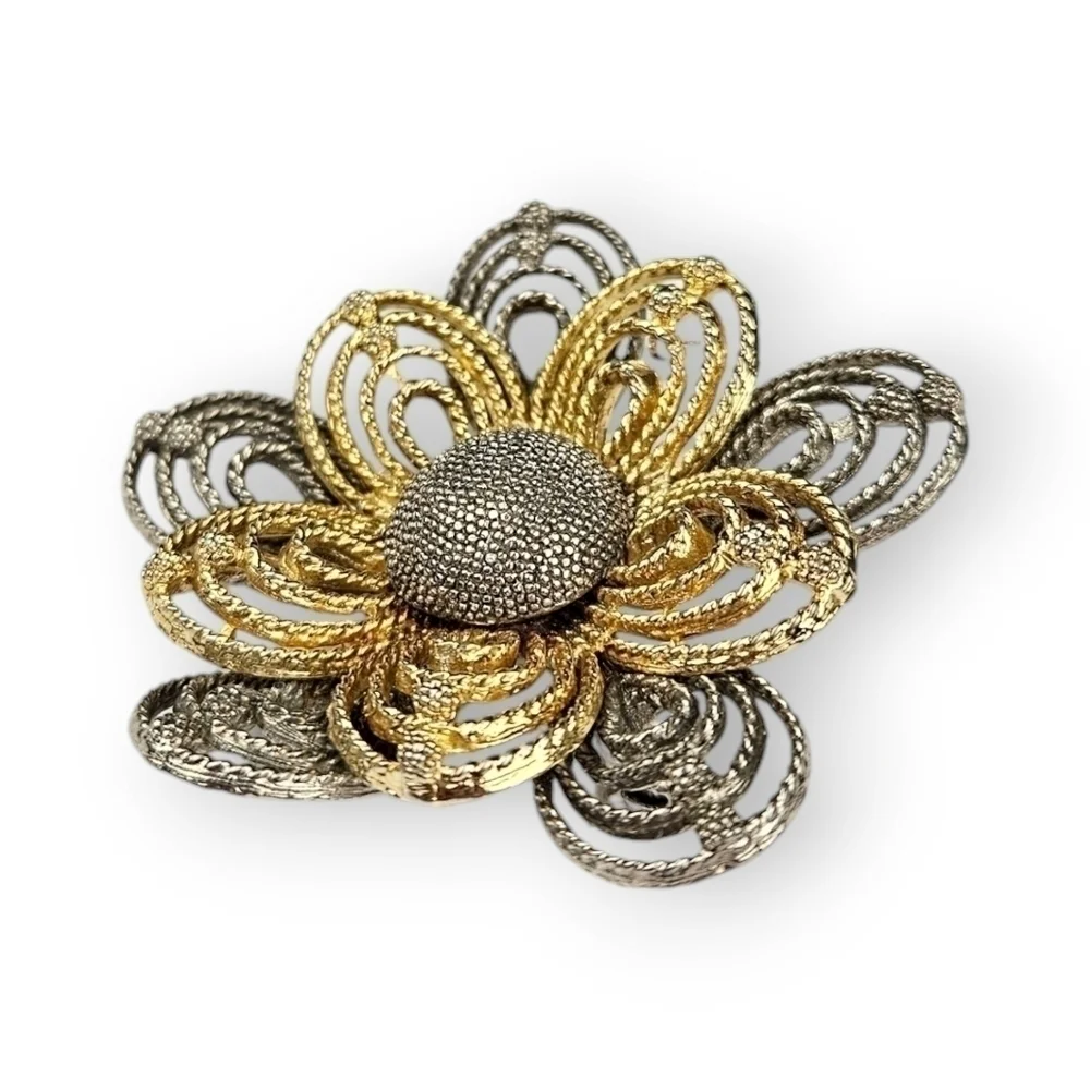 Vintage Flower Brooch Layered Petal Textured Two Tone Gold Silver Tone 2 3/8